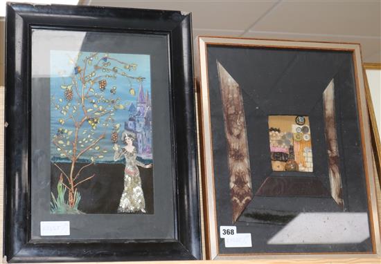 Two framed appliqué pictures, lady in sequin dress and stylised interior, largest overall 41 x 30cm